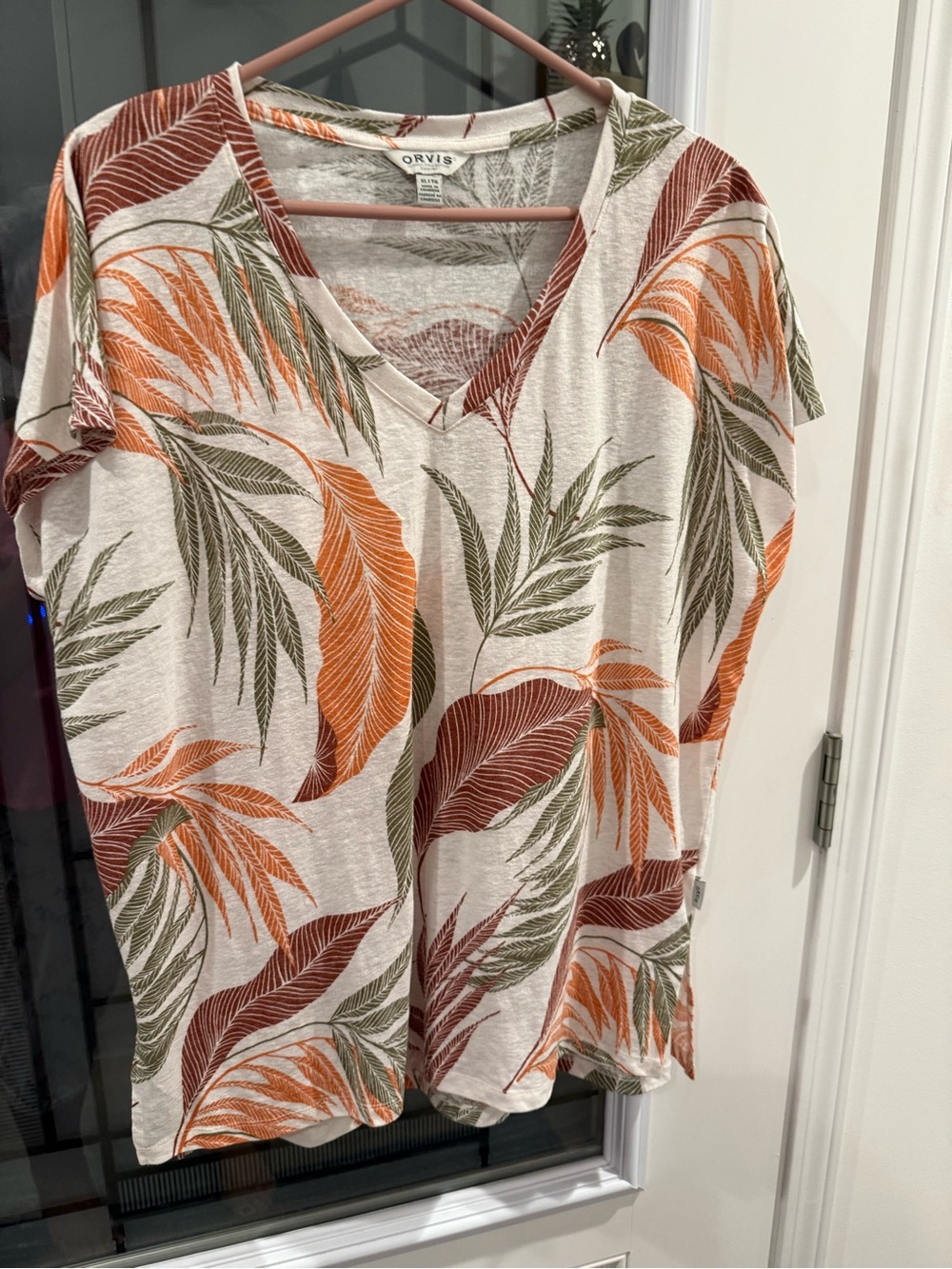 Orvis V-Neck Short Sleeve Top in Cream with Orange & Olive Leaf Print